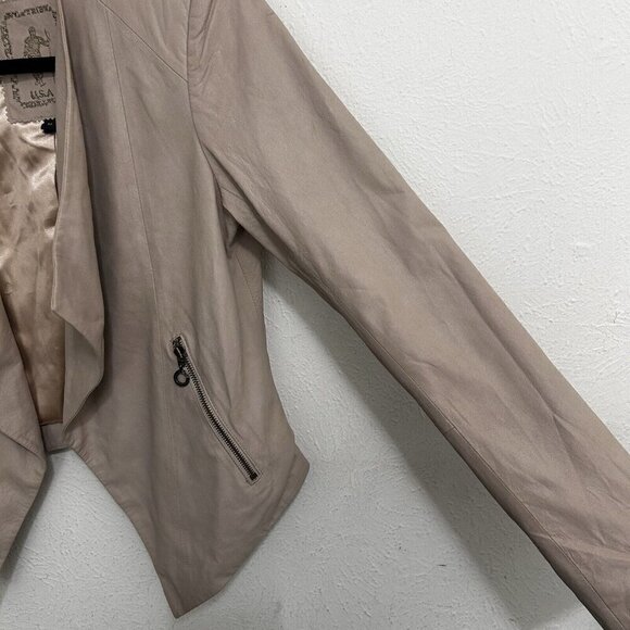 My Tribe Women's Long Sleeve Leather Biker Jacket Open Front Cropped Beige M - Picture 4 of 11